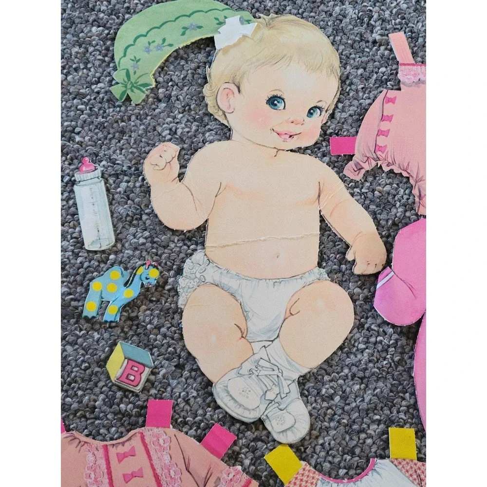 Vintage Paper Doll Set Large Baby 15 Inch Retro Nursery Collectible Pink Yellow